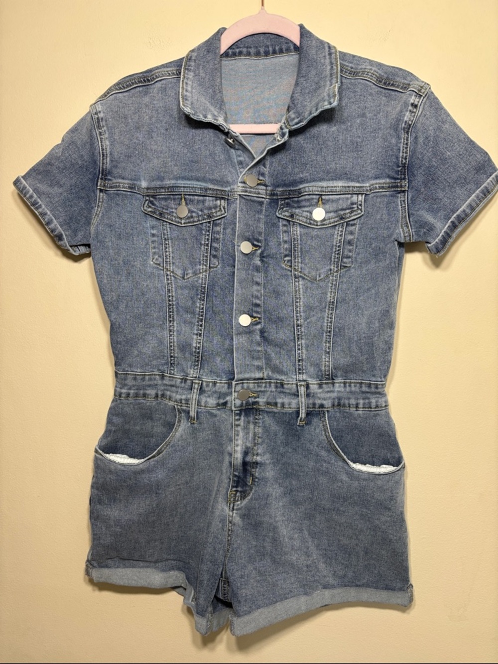 Short Sleeve Denim Romper - Light Blue